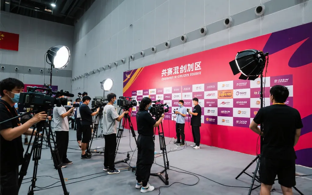 混采区与媒体动线示意，包含采访背景墙、灯光与摄像机位